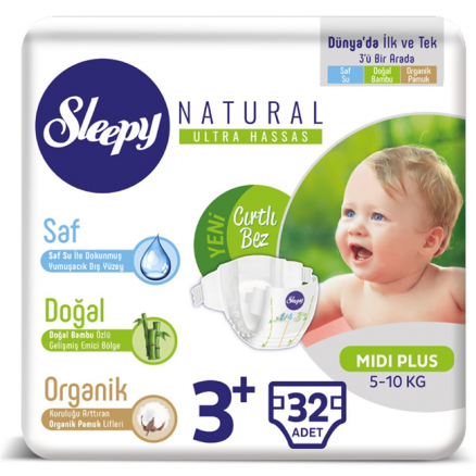 Sleepy Natural Jumbo Midi Plus 3+ (5-10 Kg) - 32 Adet